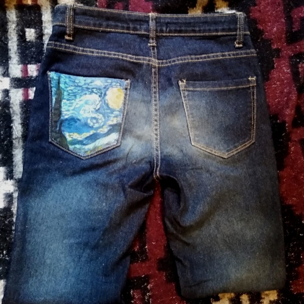 Forever 21 Van Gogh Starry Night Skinny  Blue Jeans Spackle Art 26